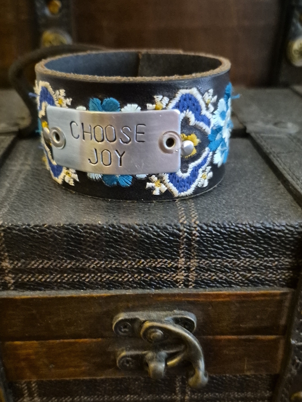 Embroidered Black Leather Cuff Bracelet - "Choose Joy"